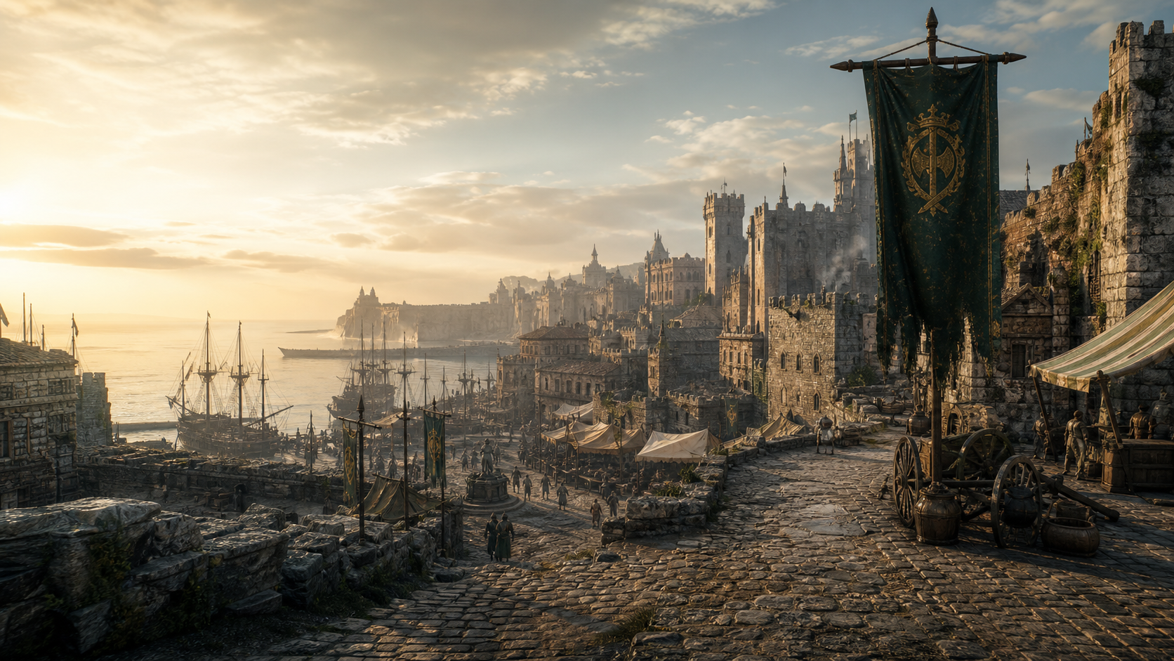 Ancient fantasy harbor city at sunrise representing Antica Tibia world history