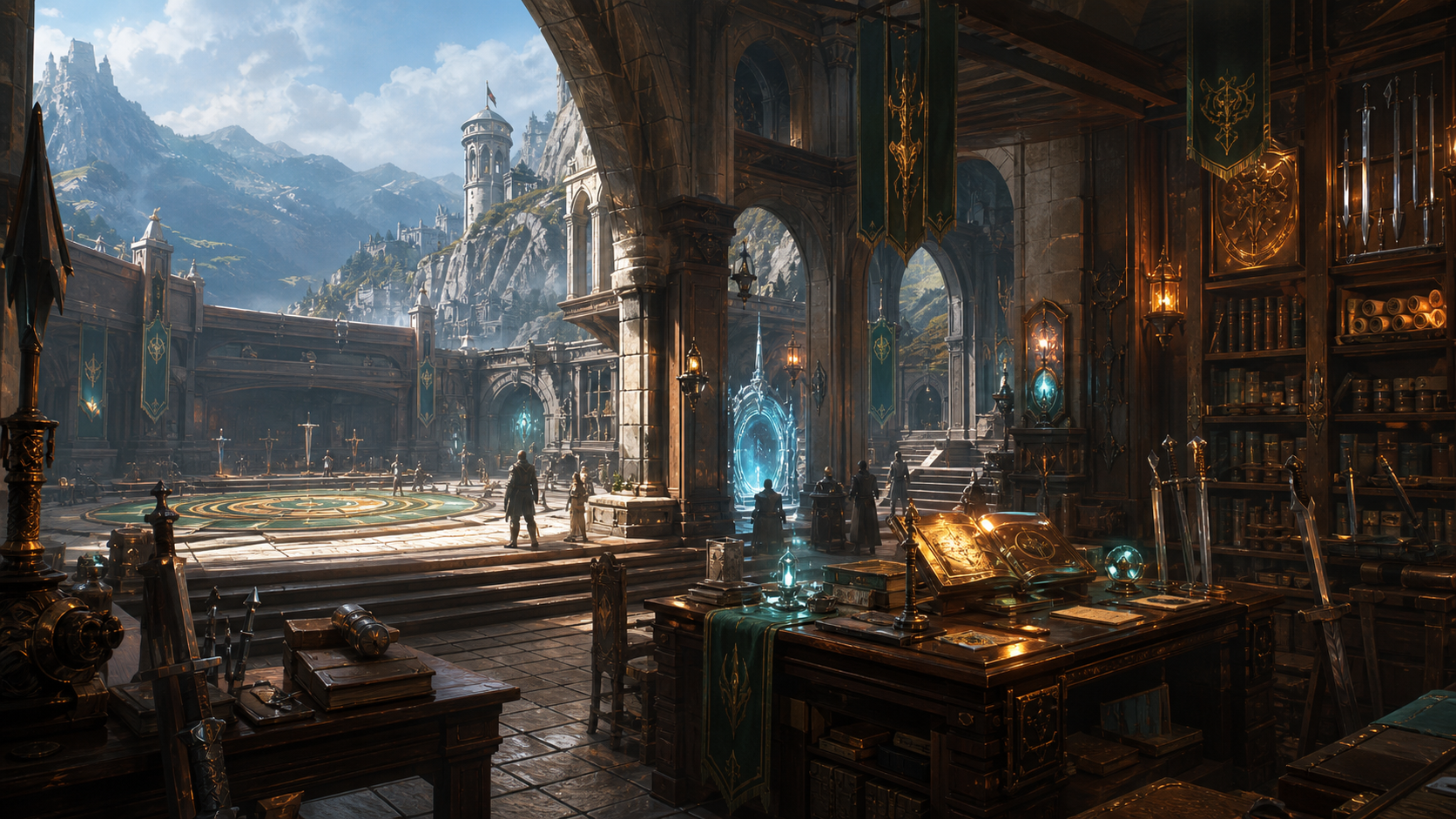 Fantasy server library and training arena representing Cyntara guides, armory, and highrate progression