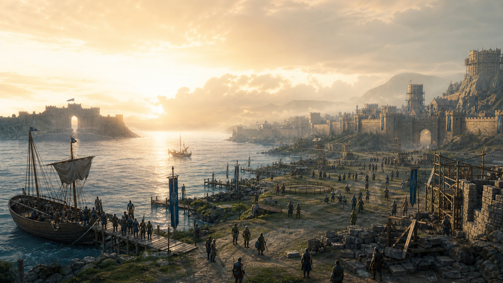 New medieval harbor settlement at sunrise representing Nova Tibia fresh-start world history